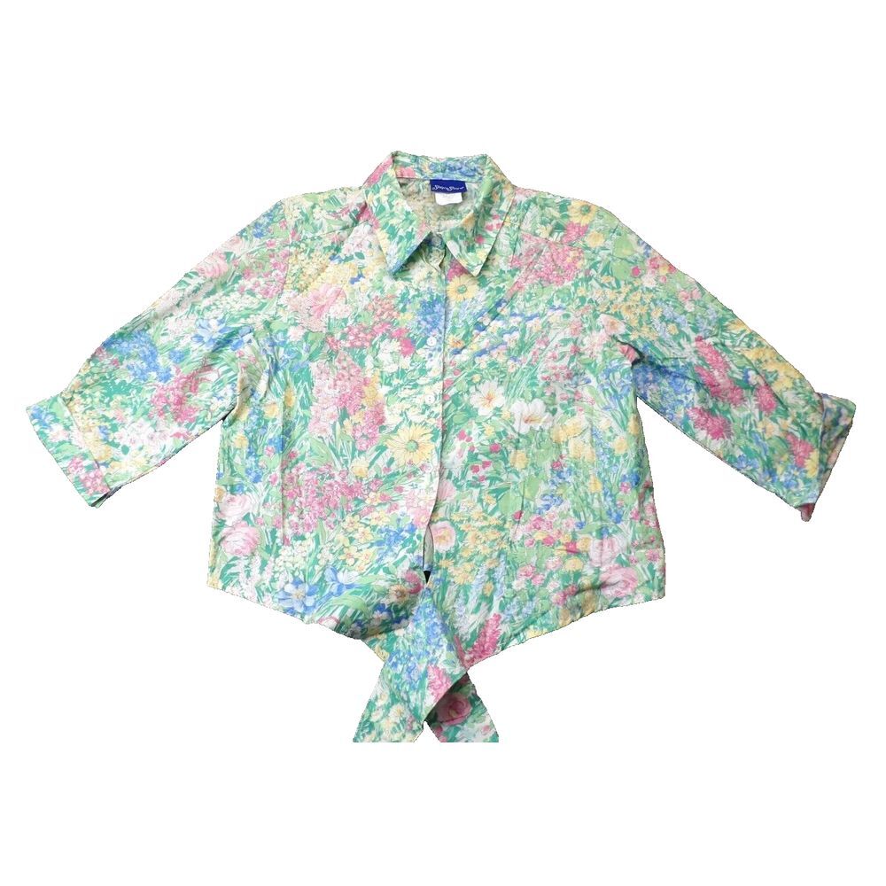 VTG Ship N Shore Blouse SZ 14 Bottom Tie Top Shirt Green Floral MCM 90's Grandma
